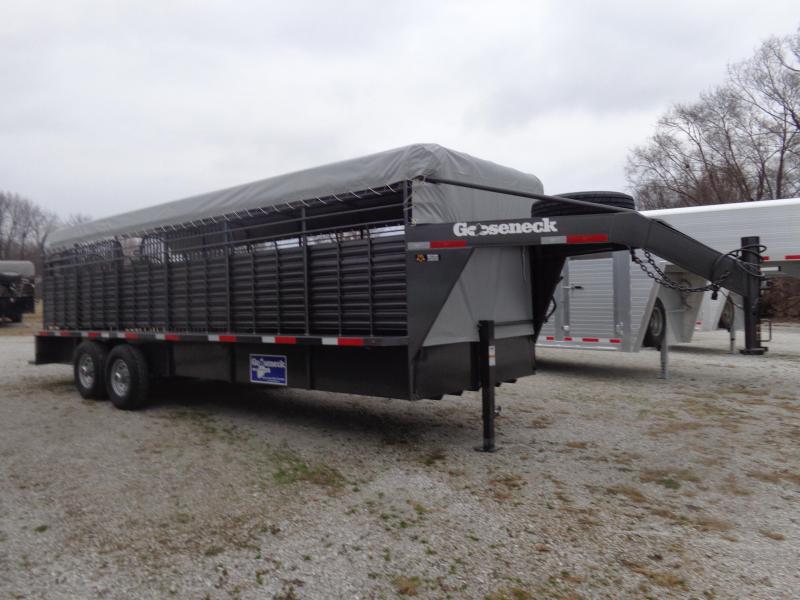 Gooseneck Brand 24' x 6'8" Gooseneck Stock Trailer Dark Shadow Gray Metallic with Gray Tarp Gooseneck Brand 24' x 6'8" Gooseneck Stock Trailer Dark Shadow Gray Metallic with Gray Tarp