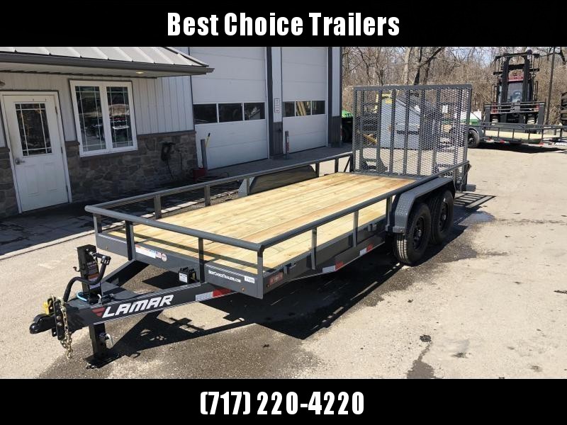 2019 Lamar 7x18' Utility Trailer 9990# GVW * 5' HD RAMP W/ SPRING ASST * 16" RUBBER * 12K JACK * 2' DOVE * PIPE TOP * CHARCOAL * 12K JACK 2019 Lamar 7x18' Utility Trailer 9990# GVW * 5' HD RAMP W/ SPRING ASST * 16" RUBBER * 12K JACK * 2' DOVE * PIPE TOP * CHARCOAL * 12K JACK