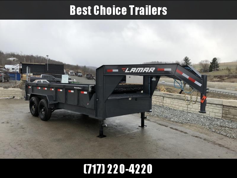 2018 Lamar 7x16' Gooseneck Dump Trailer 16000# GVW * 8000# AXLE UPGRADE * 17.5" RUBBER & SPARE * 7 GAUGE FLOOR * HD SCISSOR * TARP KIT * DUAL JACKS * I-BEAM FRAME * CHARCOAL 2018 Lamar 7x16' Gooseneck Dump Trailer 16000# GVW * 8000# AXLE UPGRADE * 17.5" RUBBER & SPARE * 7 GAUGE FLOOR * HD SCISSOR * TARP KIT * DUAL JACKS * I-BEAM FRAME * CHARCOAL