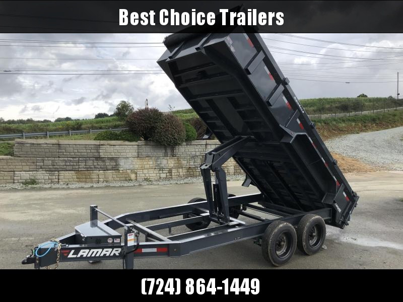 2018 Lamar 7x16' Dump Trailer 16000# GVW * 8K AXLE UPGRADE * TARP * RAMPS * DUAL 12K JACKS * 17.5" RUBBER * SPARE * REAR SUPPORT STANDS * OIL BATH * CHARCOAL 2018 Lamar 7x16' Dump Trailer 16000# GVW * 8K AXLE UPGRADE * TARP * RAMPS * DUAL 12K JACKS * 17.5" RUBBER * SPARE * REAR SUPPORT STANDS * OIL BATH * CHARCOAL