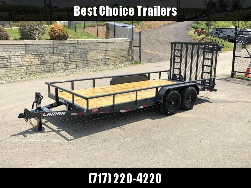 2019 Lamar 7x18' Utility Trailer 9990# GVW * 5' HD RAMP W/ SPRING ASST * 16" RUBBER * 12K JACK * 2' DOVE * PIPE TOP * CHARCOAL * 12K JACK 2019 Lamar 7x18' Utility Trailer 9990# GVW * 5' HD RAMP W/ SPRING ASST * 16" RUBBER * 12K JACK * 2' DOVE * PIPE TOP * CHARCOAL * 12K JACK