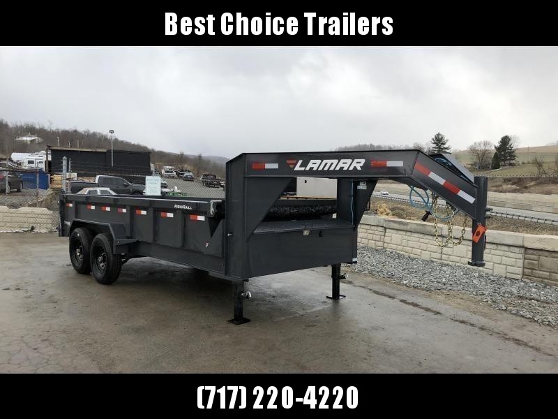 2019 Lamar 7x16' Gooseneck Dump Trailer 16000# GVW * 8000# AXLE UPGRADE * 17.5" RUBBER & SPARE * 7 GAUGE FLOOR * HD SCISSOR * TARP KIT * DUAL JACKS * I-BEAM FRAME * CHARCOAL * VOLTAGE METER * REAR JACK STANDS 2019 Lamar 7x16' Gooseneck Dump Trailer 16000# GVW * 8000# AXLE UPGRADE * 17.5" RUBBER & SPARE * 7 GAUGE FLOOR * HD SCISSOR * TARP KIT * DUAL JACKS * I-BEAM FRAME * CHARCOAL * VOLTAGE METER * REAR JACK STANDS