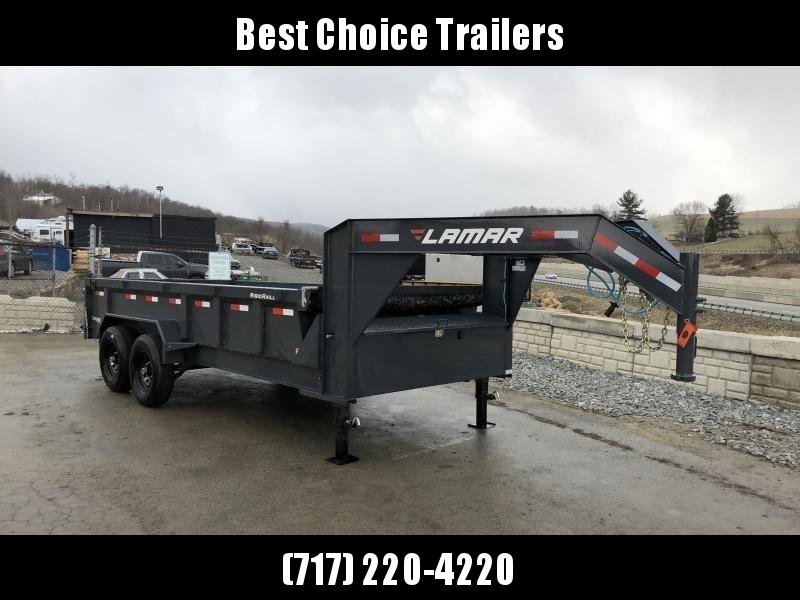2019 Lamar 7x16' Gooseneck Dump Trailer 16000# GVW * 8000# AXLE UPGRADE * 17.5" RUBBER & SPARE * 7 GAUGE FLOOR * HD SCISSOR * TARP KIT * DUAL JACKS * I-BEAM FRAME * CHARCOAL * VOLTAGE METER * REAR JACK STANDS 2019 Lamar 7x16' Gooseneck Dump Trailer 16000# GVW * 8000# AXLE UPGRADE * 17.5" RUBBER & SPARE * 7 GAUGE FLOOR * HD SCISSOR * TARP KIT * DUAL JACKS * I-BEAM FRAME * CHARCOAL * VOLTAGE METER * REAR JACK STANDS