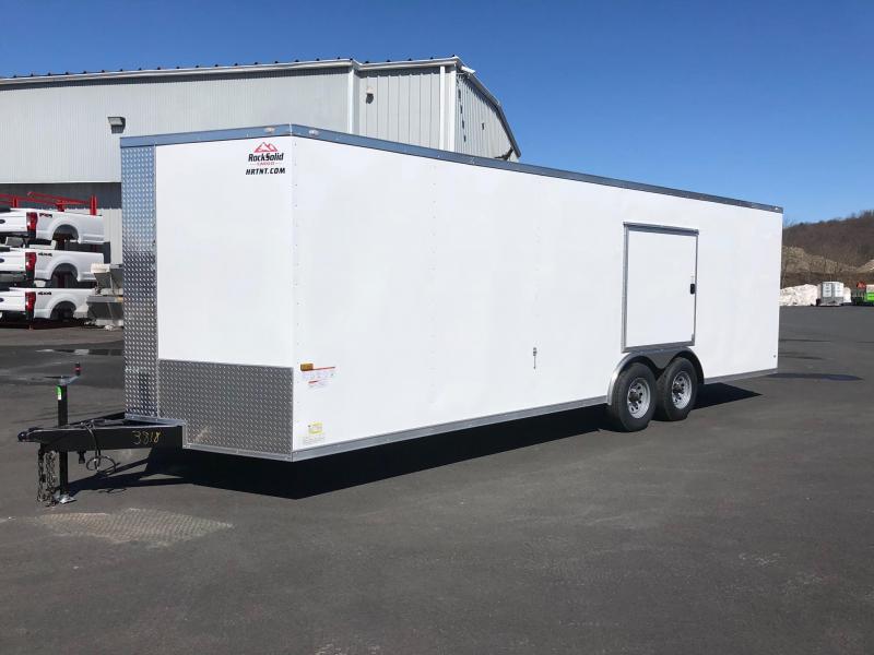 ROCK SOLID 2019 8.5' x 24' TANDEM AXLE WHITE V-NOSE SEMI SCREWLESS W/ TRIPLE TUBE TONGUE AND 54 X 48 ESCAPE DOOR ENCLOSED CARGO TRAILER / CAR HAULER ROCK SOLID 2019 8.5' x 24' TANDEM AXLE WHITE V-NOSE SEMI SCREWLESS W/ TRIPLE TUBE TONGUE AND 54 X 48 ESCAPE DOOR ENCLOSED CARGO TRAILER / CAR HAULER