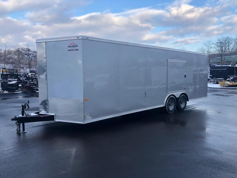 ROCK SOLID 2019 8.5' x 24' TANDEM AXLE SILVER SEMI-SCREWLESS ACCESS DOOR OVER D/S FENDER V-NOSE CARGO TRAILER/ CAR HAULER ROCK SOLID 2019 8.5' x 24' TANDEM AXLE SILVER SEMI-SCREWLESS ACCESS DOOR OVER D/S FENDER V-NOSE CARGO TRAILER/ CAR HAULER
