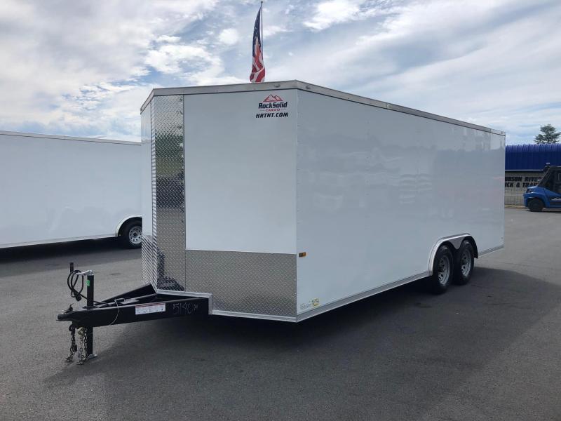 ROCK SOLID 2020 8.5' x 20' TANDEM AXLE WHITE SEMI-SCREWLESS V-NOSE CARGO TRAILER WITH TRIPLE TUBE TONGUE EXTENDED CAR HAULER ROCK SOLID 2020 8.5' x 20' TANDEM AXLE WHITE SEMI-SCREWLESS V-NOSE CARGO TRAILER WITH TRIPLE TUBE TONGUE EXTENDED CAR HAULER
