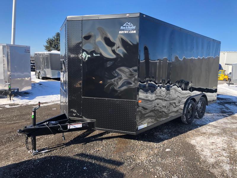 ROCK SOLID 2019 8.5' x 16' CH TANDEM AXLE BLACK W/BLACKOUT SEMI-SCREWLESS V-NOSE CARGO CAR HAULER TRAILER WITH 60" TRIPLE TUBE TONGUE EXTENDED ROCK SOLID 2019 8.5' x 16' CH TANDEM AXLE BLACK W/BLACKOUT SEMI-SCREWLESS V-NOSE CARGO CAR HAULER TRAILER WITH 60" TRIPLE TUBE TONGUE EXTENDED
