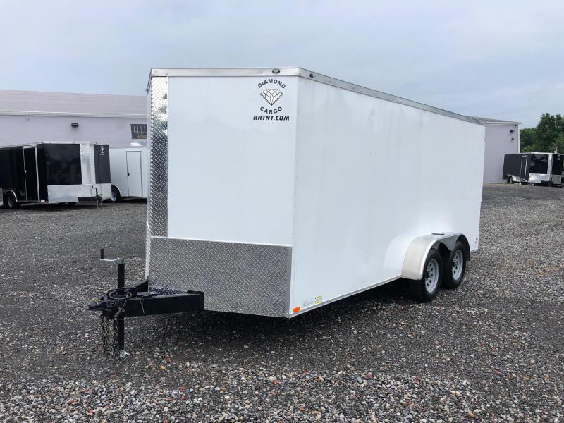 DIAMOND CARGO 2018 7' x 16' WHITE SEMI-SCREWLESS TANDEM AXLE V-NOSE CARGO TRAILER WITH 60" TRIPLE TUBE TONGUE EXTENDED DIAMOND CARGO 2018 7' x 16' WHITE SEMI-SCREWLESS TANDEM AXLE V-NOSE CARGO TRAILER WITH 60" TRIPLE TUBE TONGUE EXTENDED